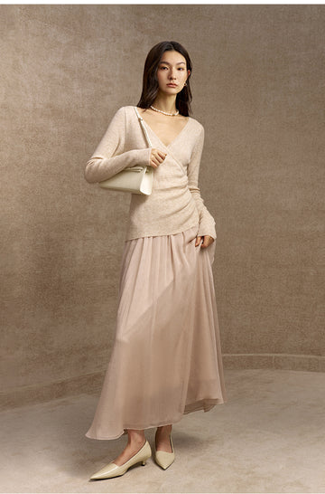 Yisimeng Wrap Knit Chiffon Maxi Dress in Light Apricot Beige - view 2
