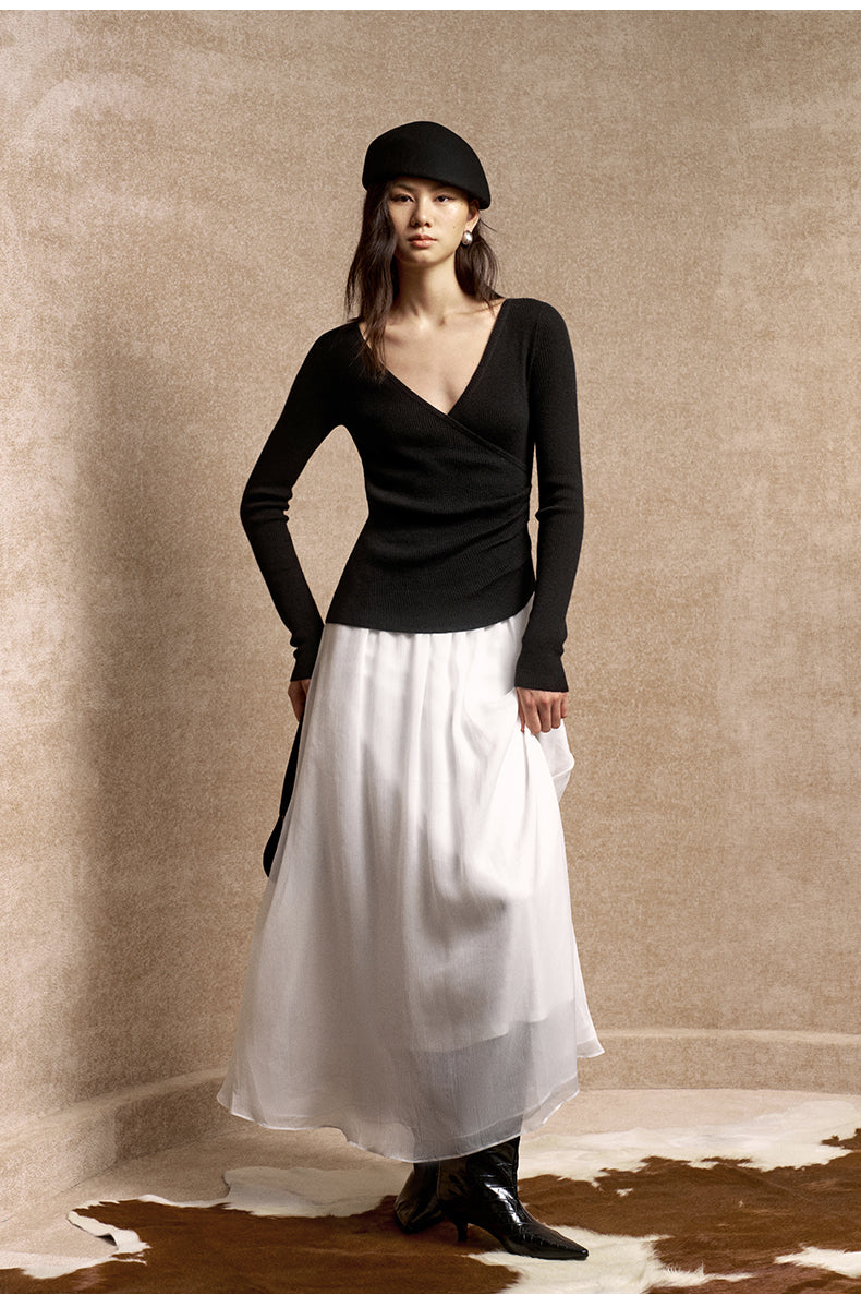 Yisimeng Wrap Knit Chiffon Maxi Dress in Black and White - view 1