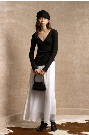 Yisimeng Wrap Knit Chiffon Maxi Dress in Black and White - view 2