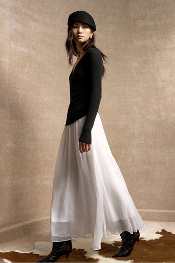 Yisimeng Wrap Knit Chiffon Maxi Dress in Black and White - view 4