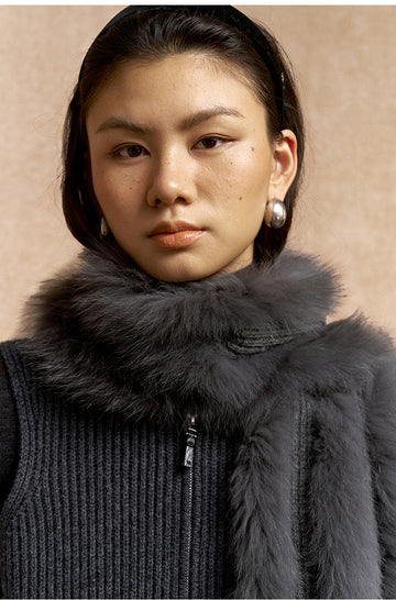 Buxu Fox Fur Wool Scarf in Misty Rain Grey - view 3