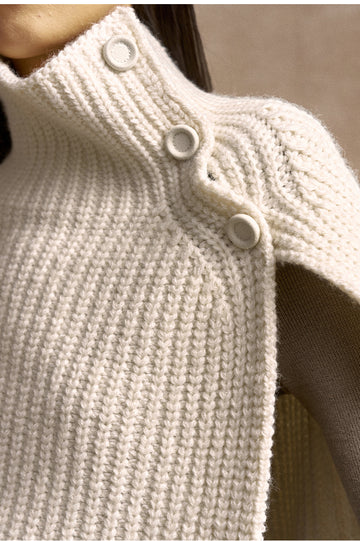 Baixuan Buttoned Rib Knit Cape in Frost White - view 3 - Frost White