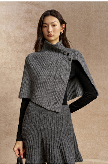 Baixuan Buttoned Rib Knit Cape in Stone Grey - view 2 - Stone Grey