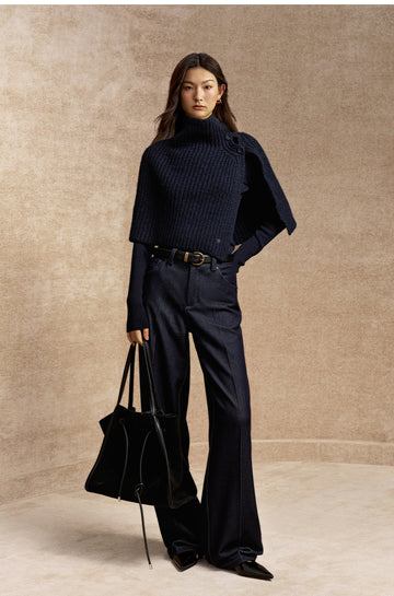 Baixuan Buttoned Rib Knit Cape in Deep Navy - view 1 - Deep Navy