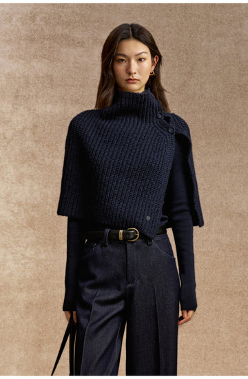 Baixuan Buttoned Rib Knit Cape in Deep Navy - view 2 - Deep Navy
