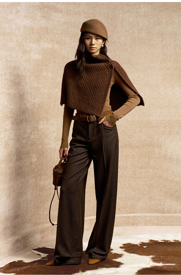 Baixuan Buttoned Rib Knit Cape in Amber Brown - view 1 - Amber Brown