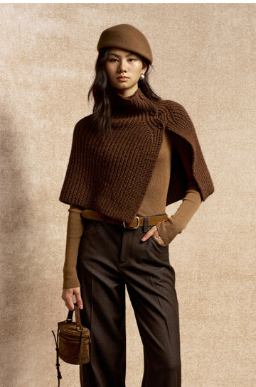 Baixuan Buttoned Rib Knit Cape in Amber Brown - view 2 - Amber Brown