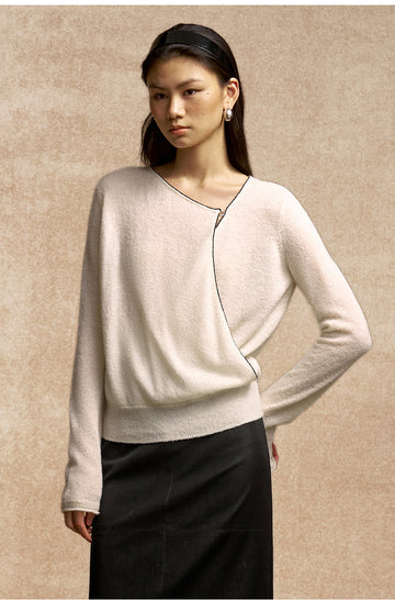 Xuanguanzi Asymmetric Drape Wool Sweater in Ivory White - view 2