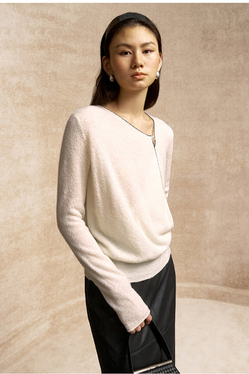Xuanguanzi Asymmetric Drape Wool Sweater in Ivory White - view 3