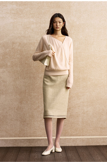 Xuanguanzi Asymmetric Drape Wool Sweater in Soft Mist Pink - view 1