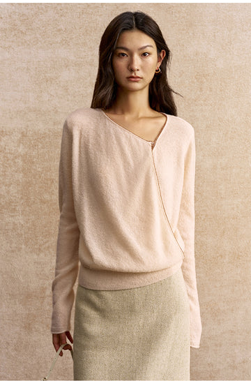 Xuanguanzi Asymmetric Drape Wool Sweater in Soft Mist Pink - view 2