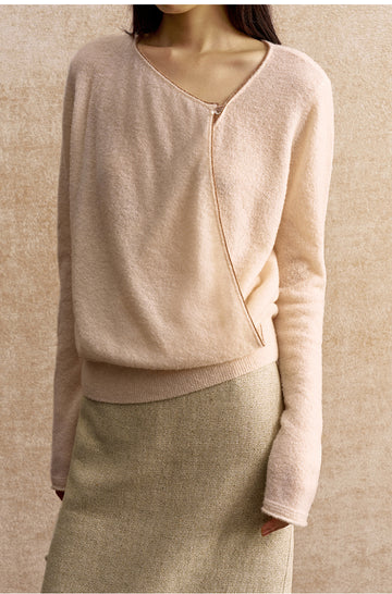 Xuanguanzi Asymmetric Drape Wool Sweater in Soft Mist Pink - view 3
