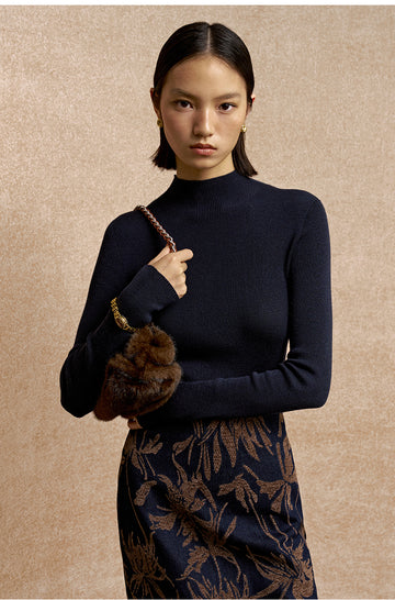 Qingshanshi High Neck Wool Top in Deep Navy - view 1 - Deep Navy