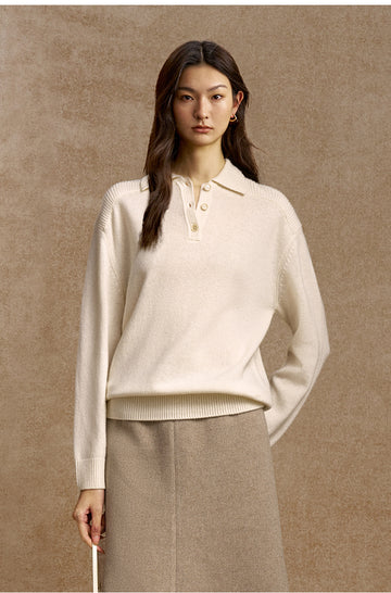 Zhenpinger Wool Cashmere Polo Sweater in Ivory White - view 3