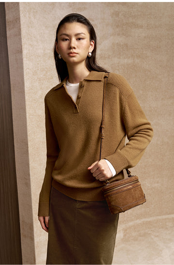 Zhenpinger Wool Cashmere Polo Sweater in Ebony Brown - view 2