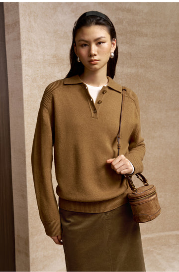 Zhenpinger Wool Cashmere Polo Sweater in Ebony Brown - view 3