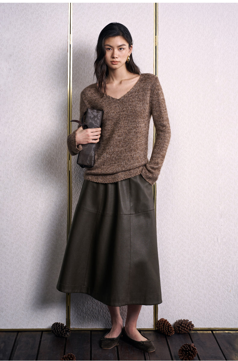 Ying Ke Xian Textured V-Neck Sweater in Coffee Brown - view 1