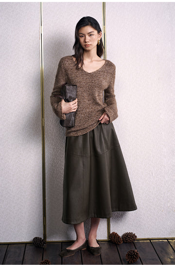 Ying Ke Xian Textured V-Neck Sweater in Coffee Brown - view 2