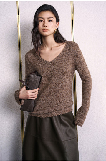 Ying Ke Xian Textured V-Neck Sweater in Coffee Brown - view 4