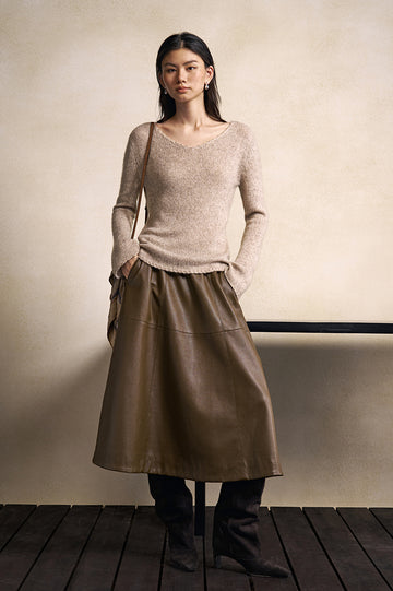 Ying Ke Xian Textured V-Neck Sweater in Light Beige Grey - view 1