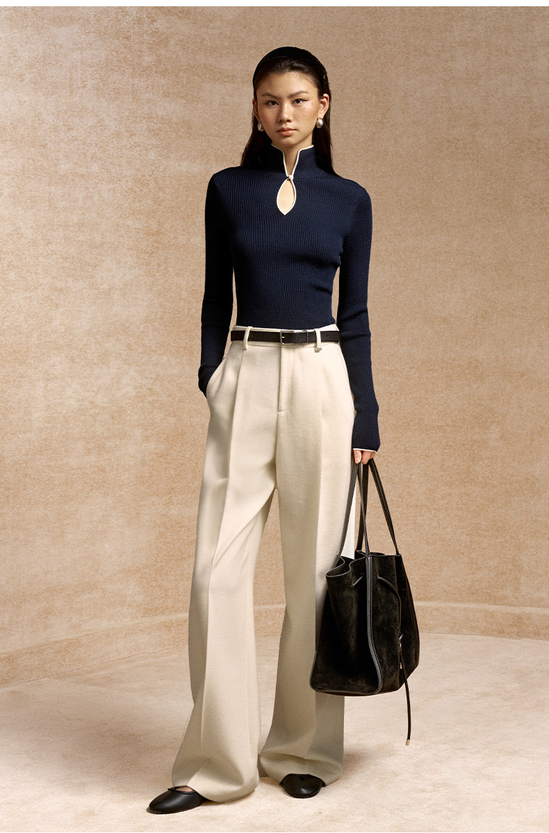Guanshan Contrast Trim Wool Sweater in Navy with White - view 2