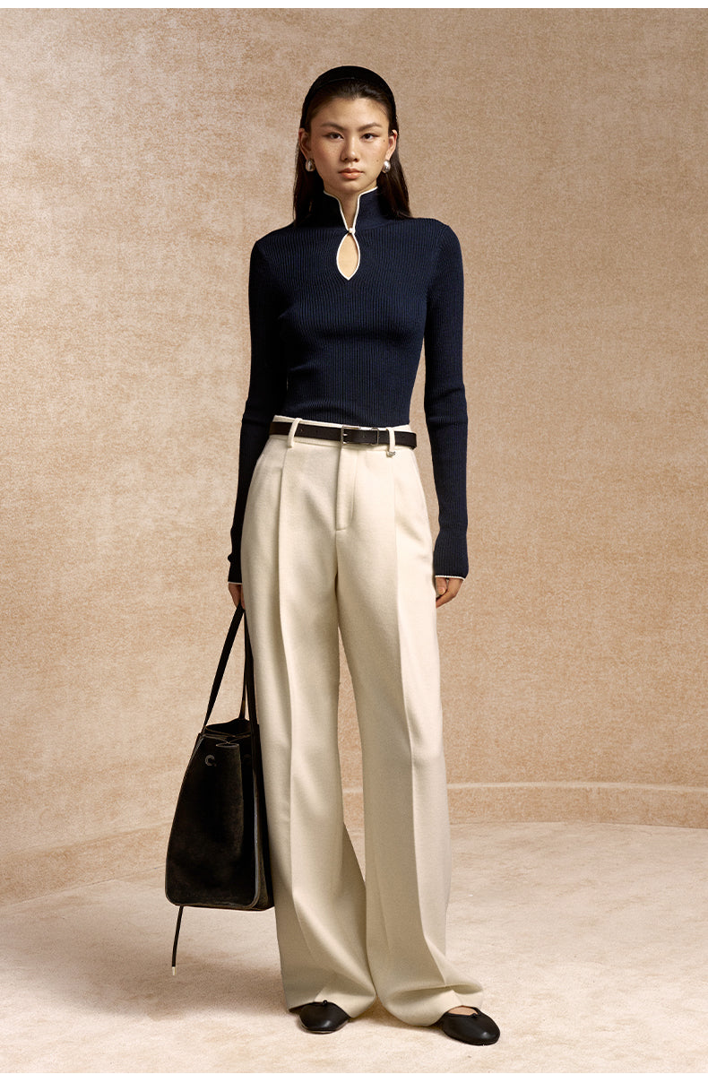 Guanshan Contrast Trim Wool Sweater in Navy with White - view 3