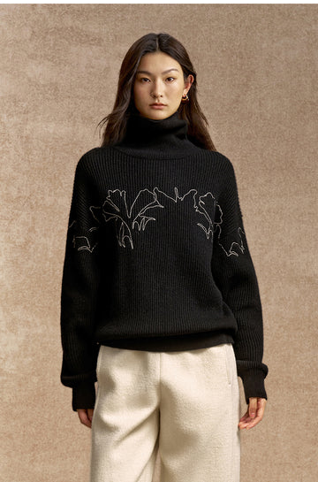 Luohuachao Embroidered Wool Turtleneck Sweater in Ink Black - view 1
