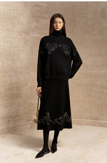 Luohuachao Embroidered Wool Turtleneck Sweater in Ink Black - view 2