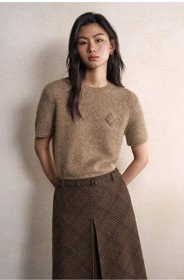 Yunshuiyou Textured Short Sleeve Knit Top in Natural Camel - view 2