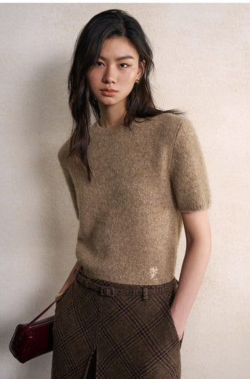 Yunshuiyou Textured Short Sleeve Knit Top in Natural Camel - view 3