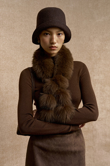 Xuexiang Fox Fur Pompom Scarf in Chestnut Brown - view 1