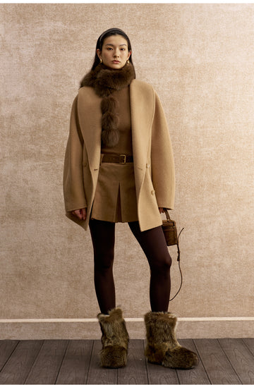 Xuexiang Fox Fur Pompom Scarf in Chestnut Brown - view 2