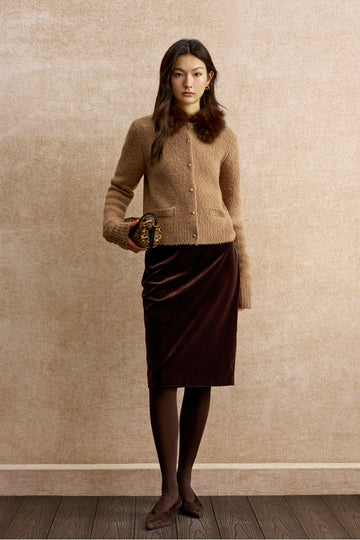 Guatingqiu Draped Velvet Pencil Skirt in Roasted Chestnut Brown - view 2