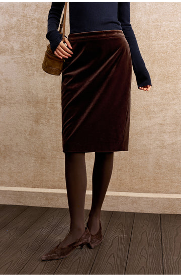 Guatingqiu Draped Velvet Pencil Skirt in Roasted Chestnut Brown - view 3