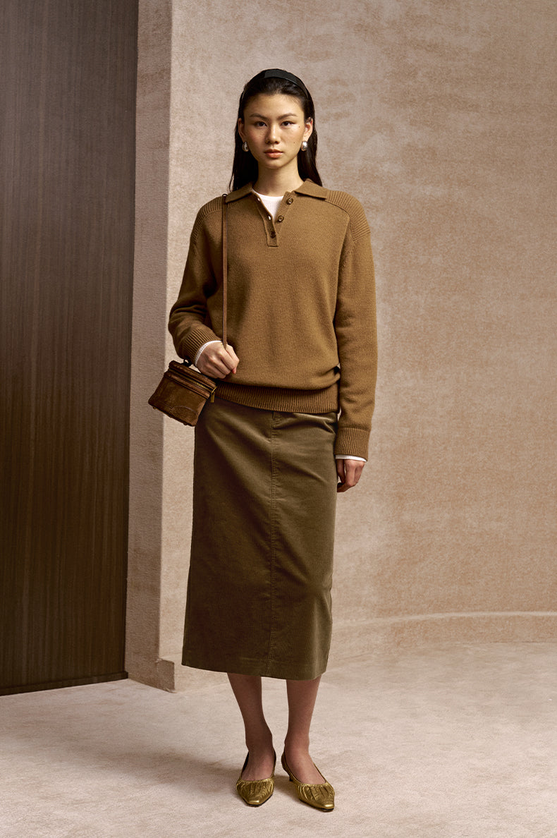 Yanluo Stretch Corduroy Straight Skirt in Sand Khaki - view 1