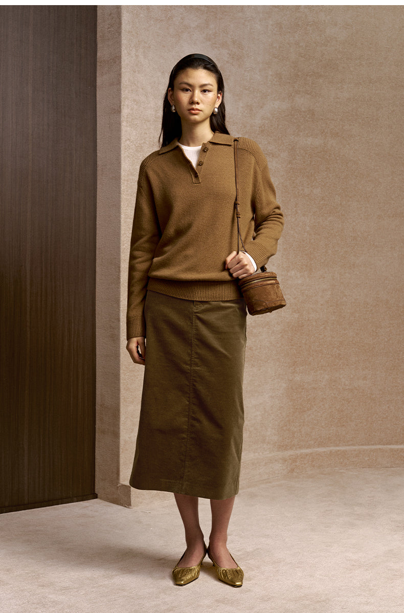 Yanluo Stretch Corduroy Straight Skirt in Sand Khaki - view 2