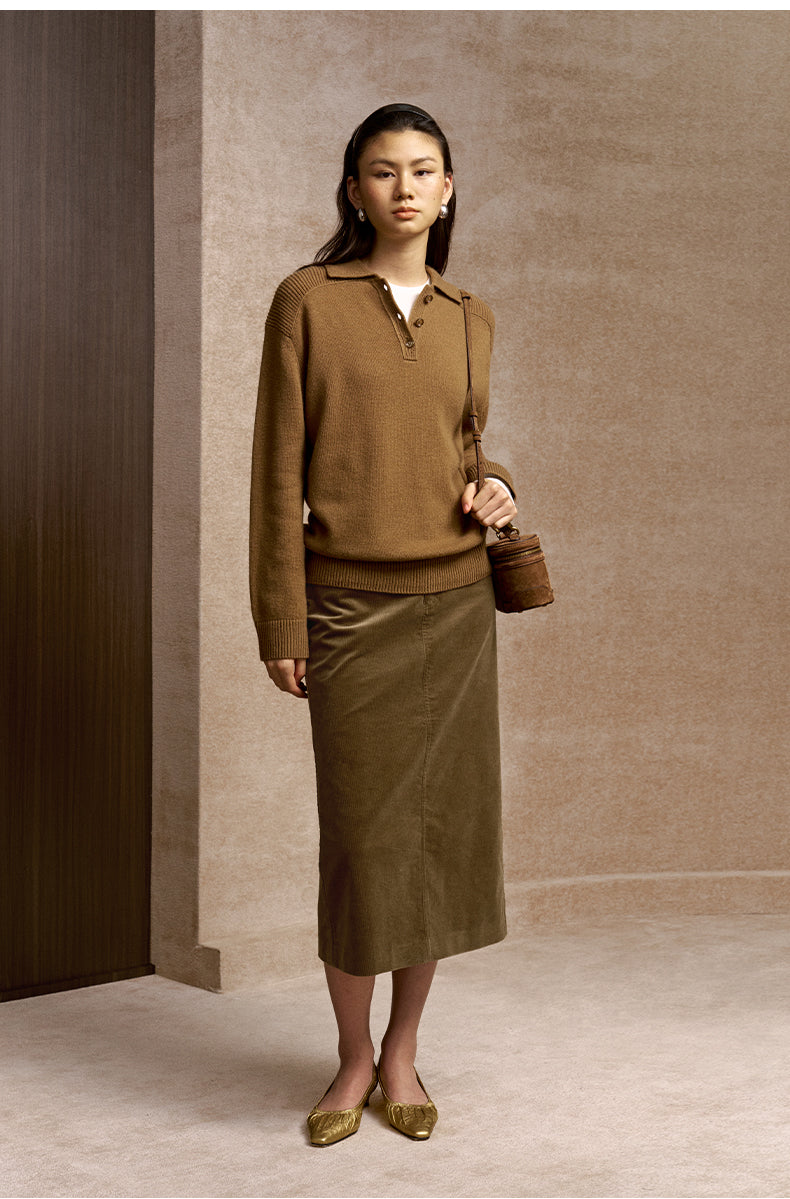 Yanluo Stretch Corduroy Straight Skirt in Sand Khaki - view 3