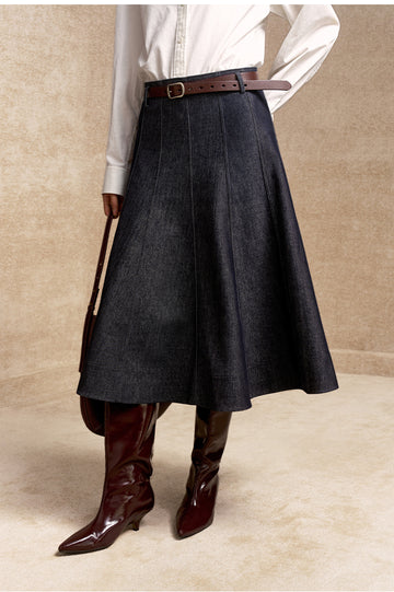 Huaemei Denim Effect Flared Midi Skirt in Deep Denim Blue - view 2