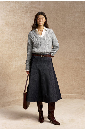 Huaemei Denim Effect Flared Midi Skirt in Deep Denim Blue - view 3