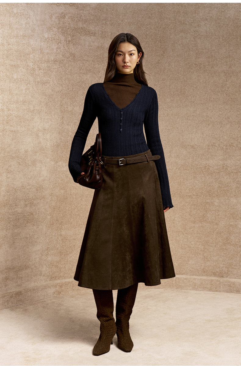 Hongchuangjiong Faux Suede A-Line Midi Skirt in Coffee Brown - view 1