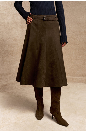Hongchuangjiong Faux Suede A-Line Midi Skirt in Coffee Brown - view 3