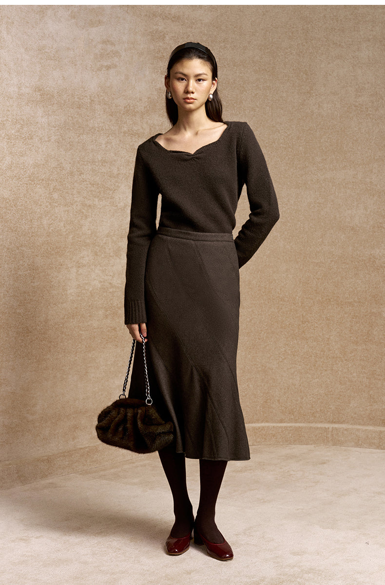 Buyue Panelled Fishtail Midi Skirt in Coffee Brown - view 2