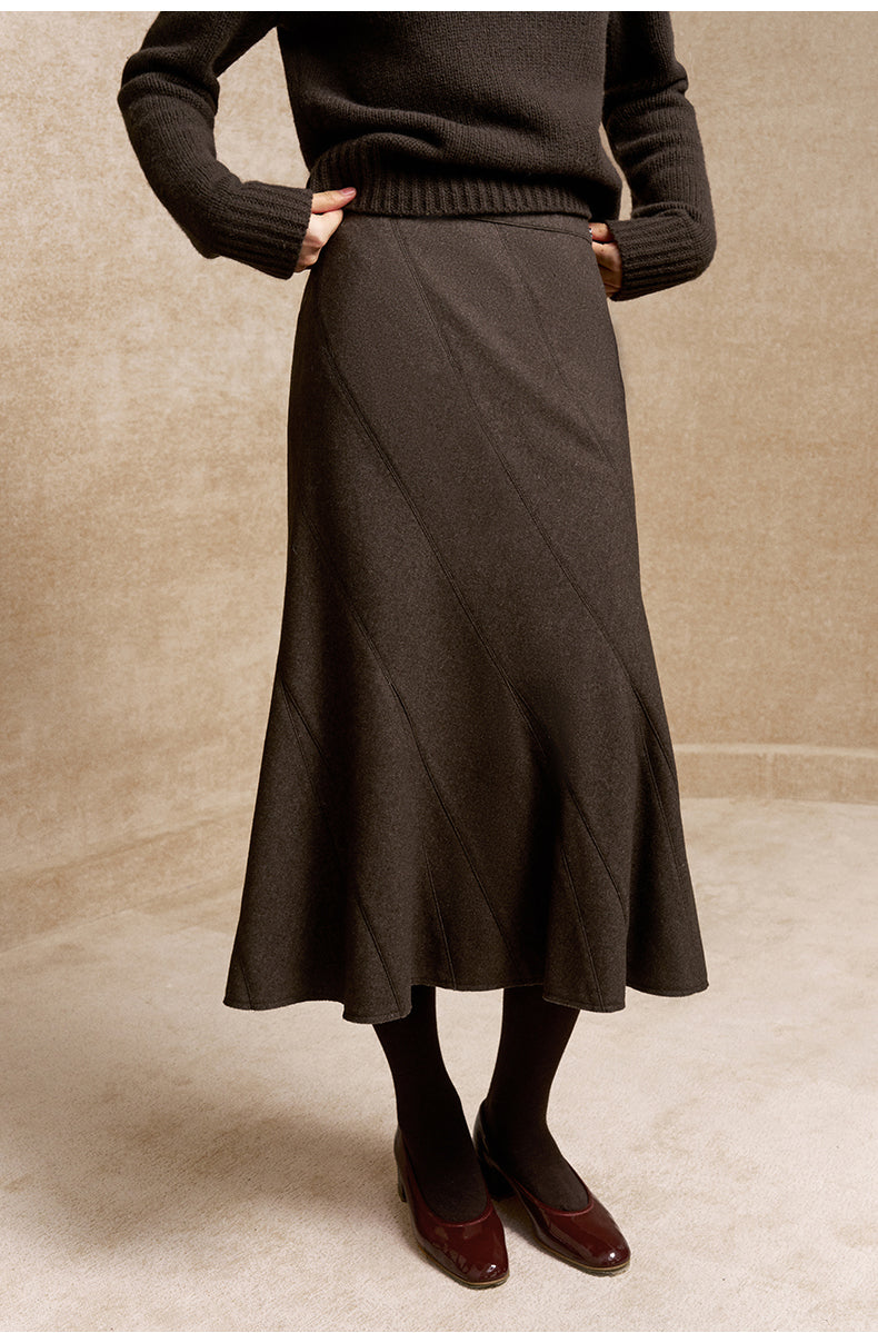 Buyue Panelled Fishtail Midi Skirt in Coffee Brown - view 3
