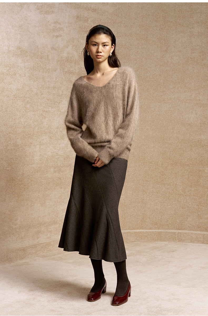 Buyue Panelled Fishtail Midi Skirt in Coffee Brown - view 4