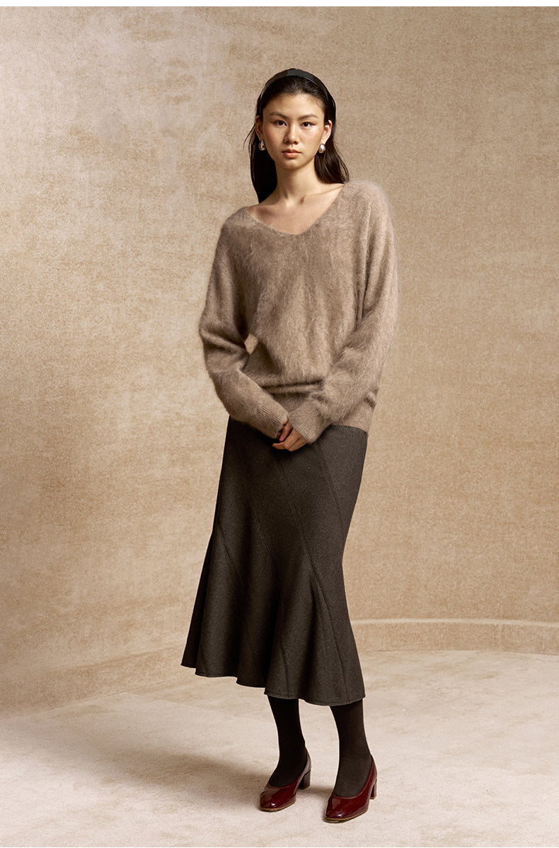 Buyue Panelled Fishtail Midi Skirt in Coffee Brown - view 5