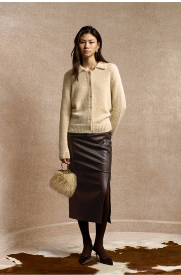 Liangnianyou Draped Faux Leather Skirt in Tea Coffee - view 1