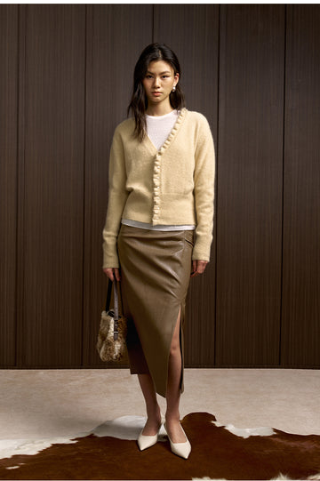 Liangnianyou Draped Faux Leather Skirt in Grey Khaki - view 2