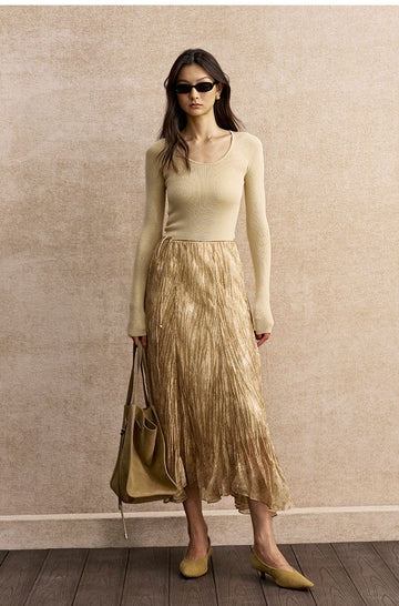 Fenglaichao Textured Flared Maxi Skirt in Stone Pale Gold - view 2