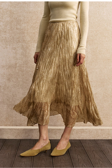Fenglaichao Textured Flared Maxi Skirt in Stone Pale Gold - view 3