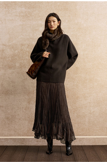 Fenglaichao Textured Flared Maxi Skirt in Coffee Brown - view 2